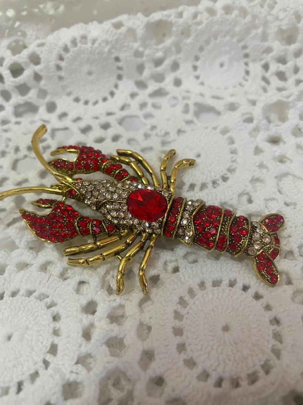 Gold-tone Red Crystal Lobster Brooch. Secure Clasp. Straight pin. 4” - Picture 2 of 7